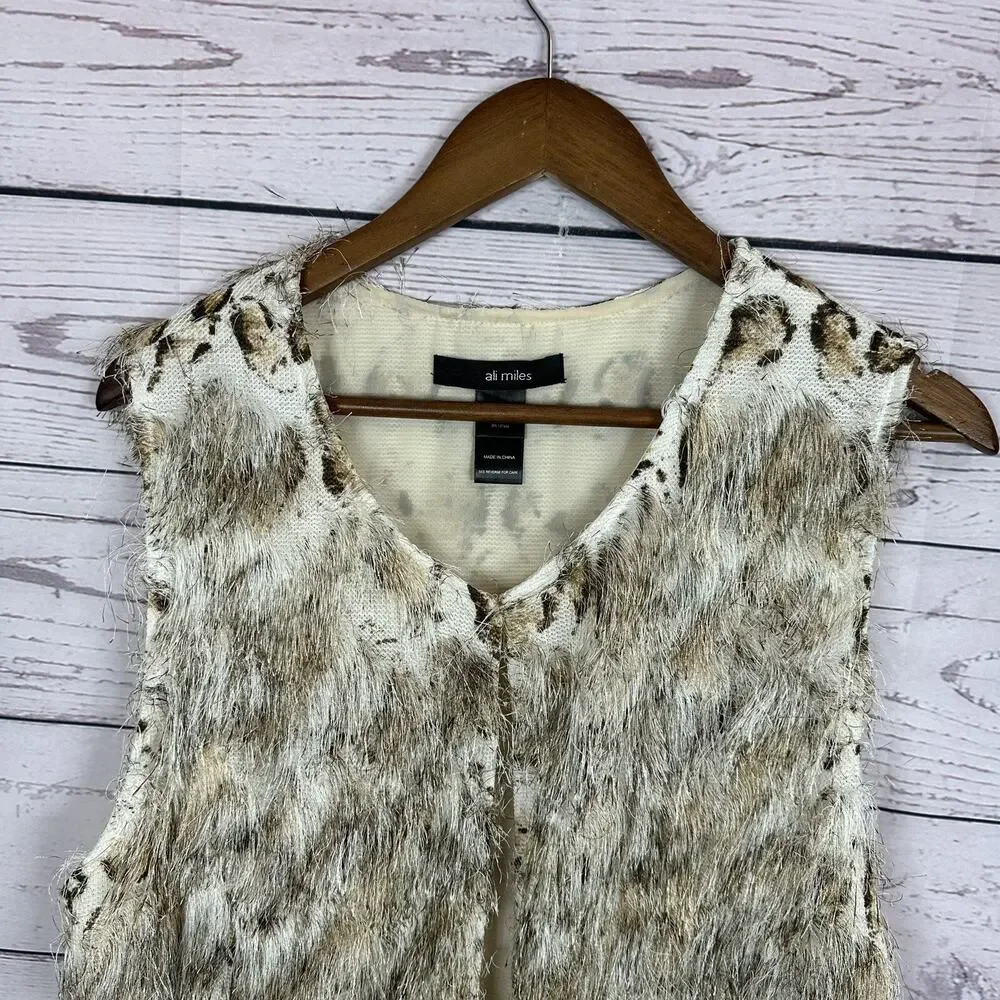 Ali Miles Vest Womens‎ XL Beige Shag Animal Print Hook Closure Art Statement
